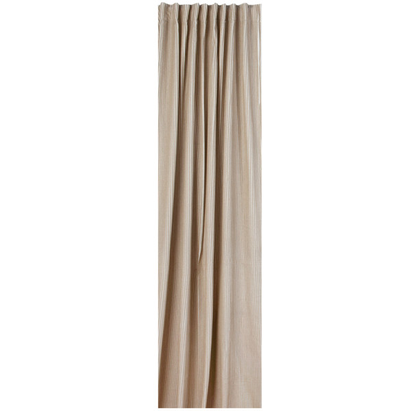 Gestreifter Vorhang in Beige-Weiß hängt an der Aufhängung. Der Vorhang steht bereit für den Versand und ist in verschiedenen Filialen vorrätig.