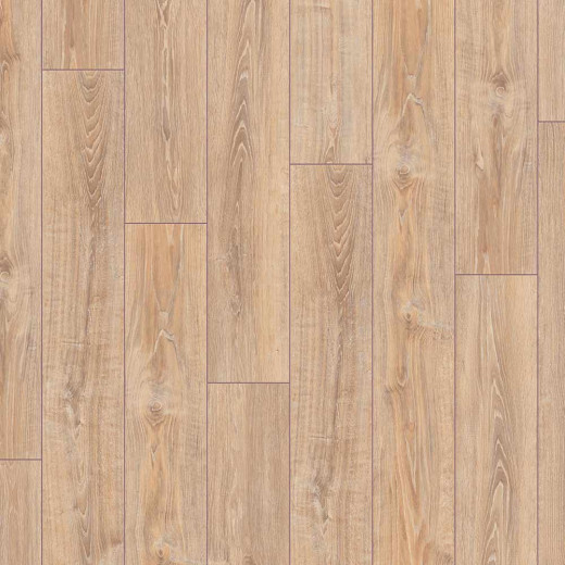 Kronotex Laminat Exquisit Helle Laminatdielen im Landhausdielendesign sind gleichmäßig angeordnet. Die Dielen aus Holzoptik präsentieren eine natürliche Maserung und schaffen eine freundliche Raumathmosphäre.