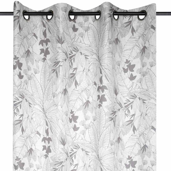 Natürlicher Vorhang mit floralem Muster, der sanfte, graue Blätterdesigns präsentiert. Der Vorhang hat oben Ösen für die einfache Montage.
