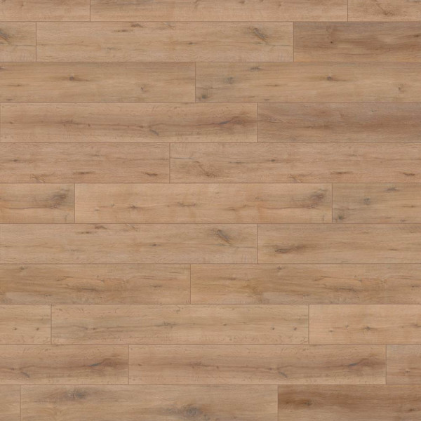 Rustikaler Eichenboden in hellbrauner Optik mit Holzmaserung. Der Bodenbelag ist im Klick-System verlegt und eignet sich für verschiedene Anwendungen im Innenbereich.