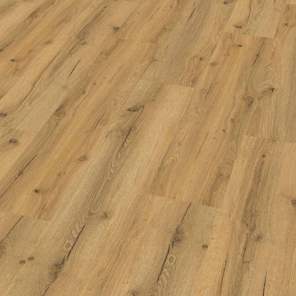 Eichenfarbener Vinylboden mit einem natürlichen Holz-Look, der aus verschiedenen Paneelen in unterschiedlichen Farbtönen besteht. Der Boden wirkt warm und einladend.