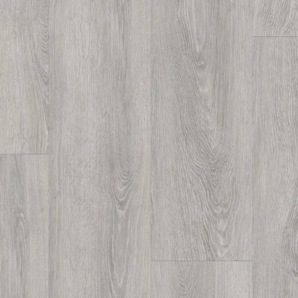 Grauer Klebe-Vinylboden mit Holzoptik zeigt eine feine Maserung. Der Bodenbelag hat eine helle, zeitgemäße Farbgebung und verleiht einem Raum modernistische Eleganz.