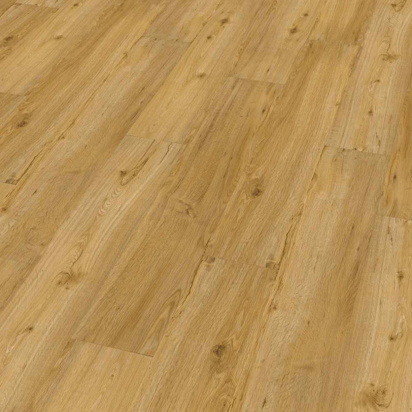 Laminatboden in Eiche-Optik mit hellen Holzstrukturen und natürlichem Farbton. Der Bodenbelag wirkt robust und eignet sich für verschiedene Wohnräume.