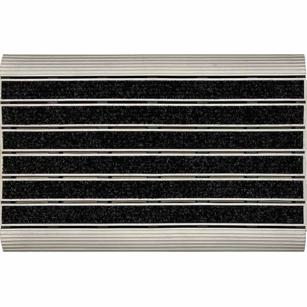 Schwarze Fußmatte mit Textilstreifen, die in sieben horizontalen Abschnitten angeordnet ist. Die Matte hat eine rechteckige Form und eine Größe von 70 x 45 cm.