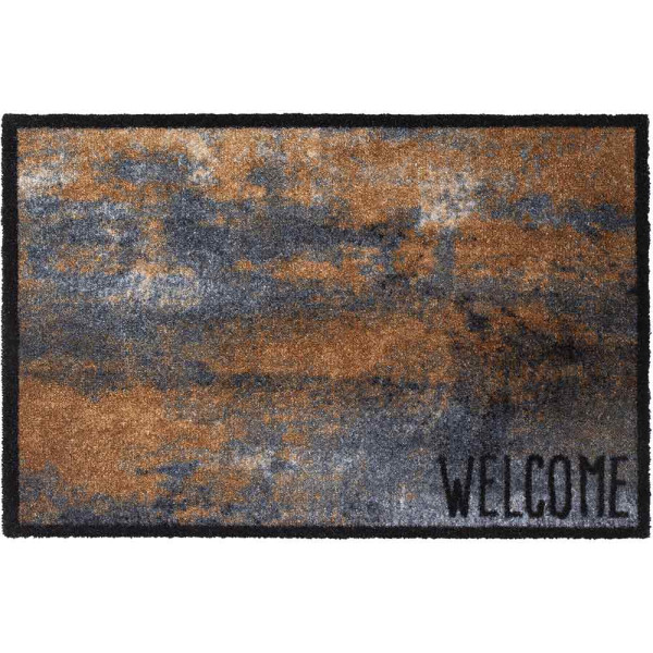 Moderne Fußmatte in Rost- und Grautönen mit dem Schriftzug 