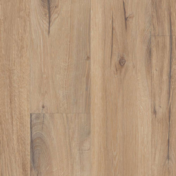 Helle, strukturierte Bodenfläche aus hellem Holzdekor. Die Oberfläche zeigt natürliche Holzmaserungen und Knoten, die dem Designboden eine warme und einladende Wirkung verleihen.