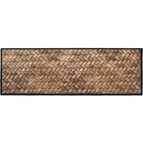 Geflochtene Fußmatte in verschiedenen Brauntönen mit einem modernen Muster. Sie ist im Rechteckformat 50 x 150 cm erhältlich und eignet sich für den Eingangsbereich.