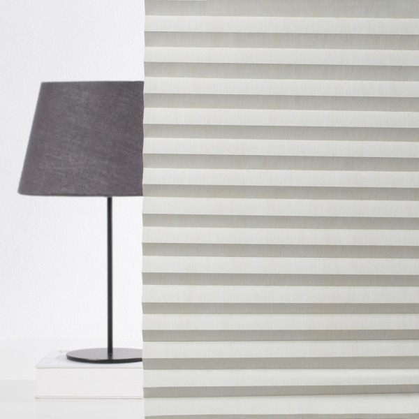 Die Plissees sind in einer ansprechenden, grauen Farbe angeordnet. Die gefalteten Stoffbahnen erzeugen ein strukturiertes Muster und sorgen für eine attraktive Lichtregulierung im Raum.