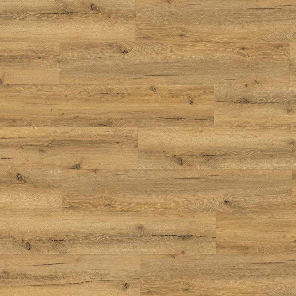 Eichenfarbener Vinylboden mit einem natürlichen Holz-Look, der aus verschiedenen Paneelen in unterschiedlichen Farbtönen besteht. Der Boden wirkt warm und einladend.