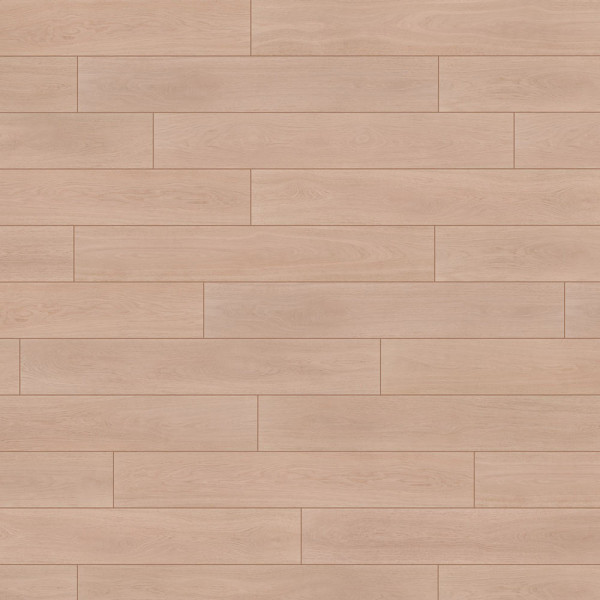 Hellbeige Vinylboden mit Holzoptik, verlegt in langen Dielen. Die Oberfläche hat eine glatte Struktur und umfasst schmalere und breitere Planken, die gleichmäßig angeordnet sind.