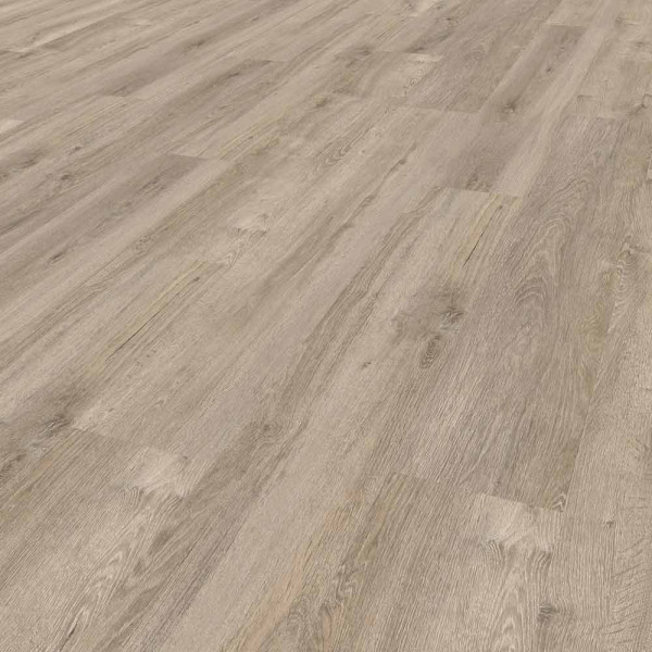 Heller, holzähnlicher Klebe-Vinylboden mit verschiedenen länglichen Planken in taupe. Der Designboden ist im Verkauf für 21,99 € pro Quadratmeter und 98,74 € pro Paket erhältlich.