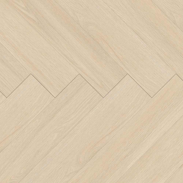 Helle, leicht strukturiert aussehende Fischgrätmuster des Gerflor Designbodens Virtuo Clic 55 HB in Blomma Cream. Der Boden wirkt modern und eignet sich für verschiedene Innenräume.