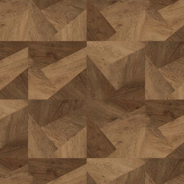 Geometrisches Muster aus verschiedenen Holzoptiken ist gleichmäßig angeordnet. Die Farbpalette umfasst verschiedene Brauntöne, die ein harmonisches Gesamtbild ergeben.