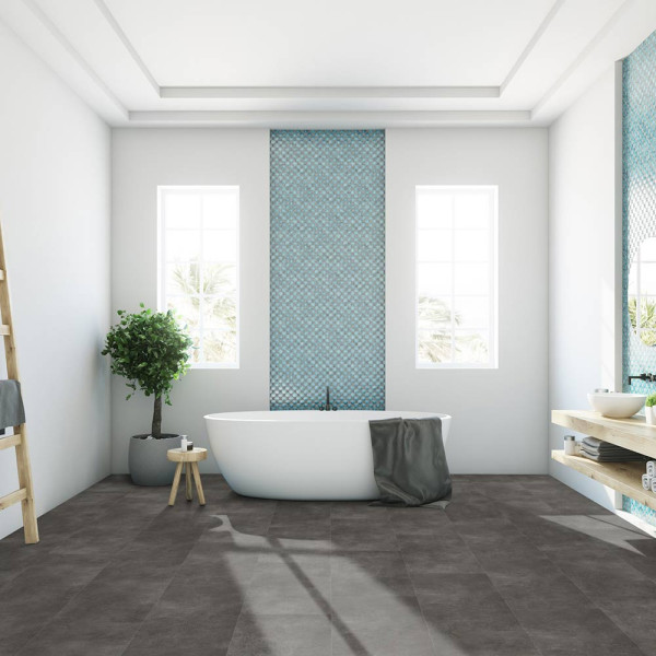 Dunkler Designboden mit einer strukturierten Oberfläche aus Steindekor. Die Platten sind in verschiedenen Größen angeordnet und zeigen eine matte, graue Farbgebung.