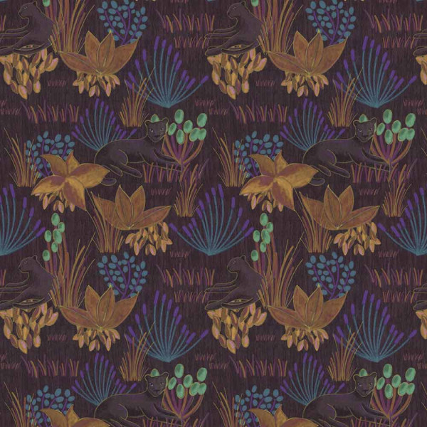 Schwarz gefärbte Panter liegen entspannt zwischen bunten Pflanzen und Blumen. Die Farben sind lebhaft und variieren von Gelb über Grün bis Lila auf einem dunklen Hintergrund.