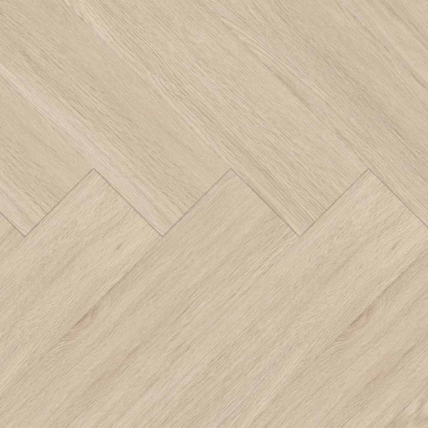 Helle, kreative Verlegeart eines Klebe-Vinylbodens mit einem hellen Holzdekor in Fischgrätenoptik. Die Oberfläche scheint glatt und stilvoll, ideal für moderne Innenräume.