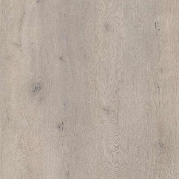 Helle, graue Holzoptik mit feinen Maserungen und Knoten, die den Charakter von natürlichem Holz imitiert. Der Bodenbelag vermittelt eine moderne und elegante Atmosphäre.