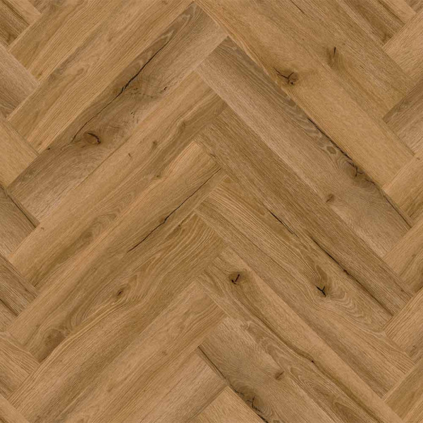 Helle, strukturierte Vinylboden-Planken in einem Fischgrät-Muster aus Nordkap-Eiche. Die Oberfläche zeigt natürliche Holzmaserungen und kleine Unregelmäßigkeiten. Ideal für Wohnräume.